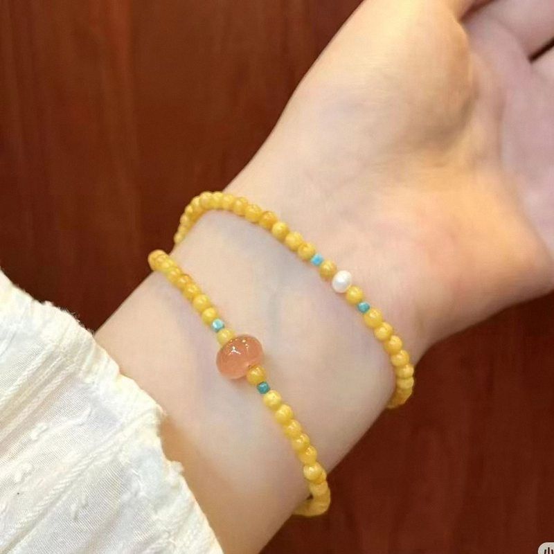 新中式蜜蜡黄琉璃串珠手链女双圈叠戴古风手串小众设计闺蜜手饰