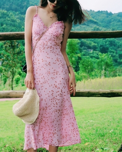 约会礼服裙 2020吊带连衣裙 中长款 度假裙子 粉 茶歇裙