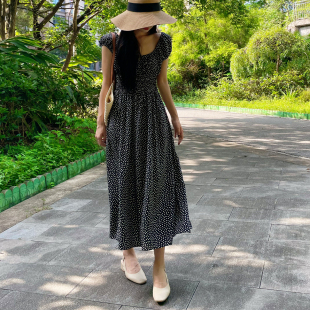小鱼自制25夏新法式复古桑蚕丝高腰显瘦连衣裙 U领抽绳中长裙子