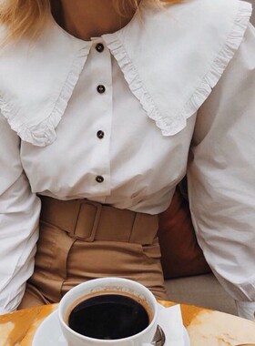 GANN*I家复古少女也彼得翻花瓣领衬衫 法式衬衫女白色绿条纹