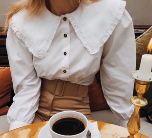 GANN*I家复古少女也彼得翻花瓣领衬衫 法式衬衫女白色绿条纹