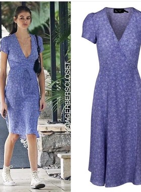 小鱼自制22夏季法式小众真丝紫色碎花高腰V领显瘦茶歇连衣裙中长