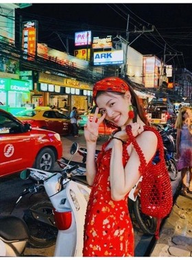 小鱼自制 红色碎花木耳花边真丝吊带连衣裙ISN博主同款复古高腰