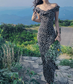 雏菊印花显瘦纸片人长款 小鱼自制法式 复古荷叶花边真丝连衣裙 裙