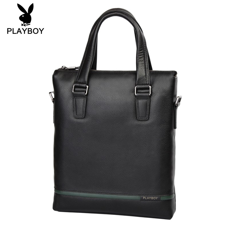 专柜款花花公子正品男包真皮头层牛皮商务竖款方形黑色手提包