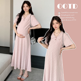 薄款 肌理感翻领宽松显瘦辣妈长裙夏季 时尚 孕妇裙子潮妈夏装