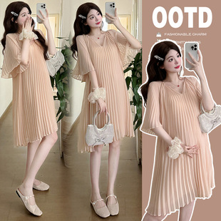 时尚 雪纺连衣裙2025夏天宽松大码 裙子中长款 潮妈韩版 孕妇裙 短袖