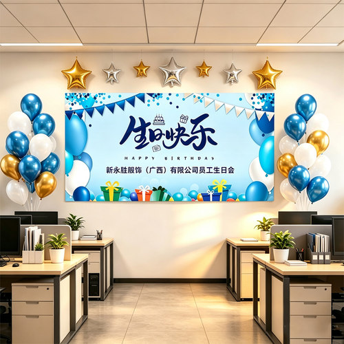 员工集体生日会布置气球挂布装饰