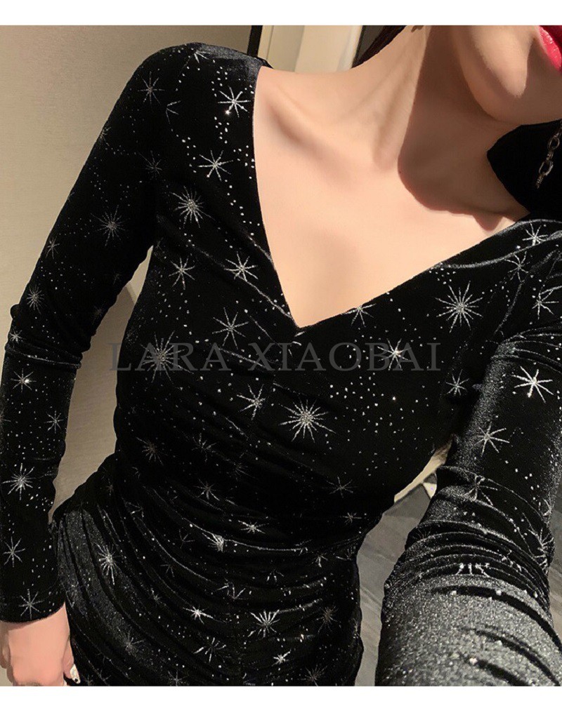 欧美性感礼服轻奢小众高端级气质名媛晚宴年会显瘦包臀丝绒连衣裙