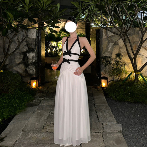 性感深V领挂脖绑吊带露肩背生日party晚宴礼服修身收腰名媛连衣裙