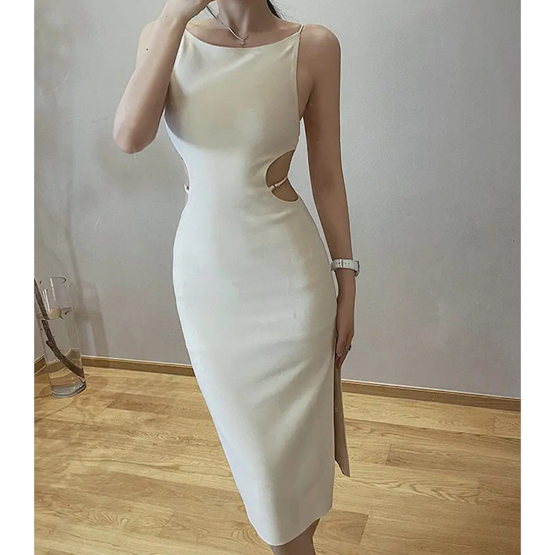 法式性感吊带露肩背黑色礼服女轻奢小众高端级气质名媛镂空连衣裙