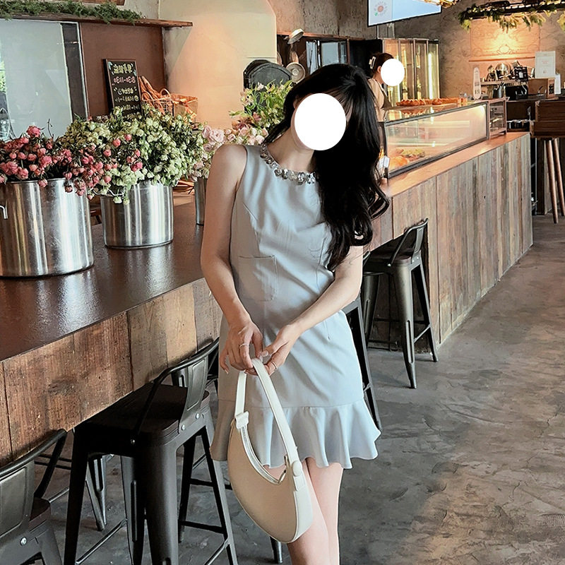 欧美复古水钻礼服轻奢小众高端级气质名媛晚宴年会荷叶边连衣裙女