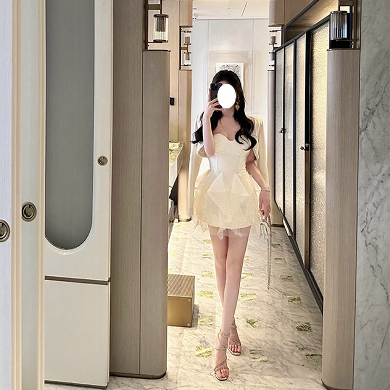 欧美性感抹胸露肩背鱼骨网纱晚宴会礼服轻奢高端小众级蓬蓬连衣裙