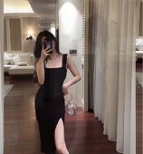 礼服轻奢小众高端级性感吊带显瘦气质晚宴年会法式 方领开叉连衣裙