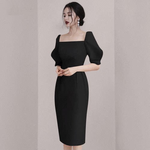 黑色方领礼服女晚宴会生日party修身显瘦收腰名媛气质法式连衣裙