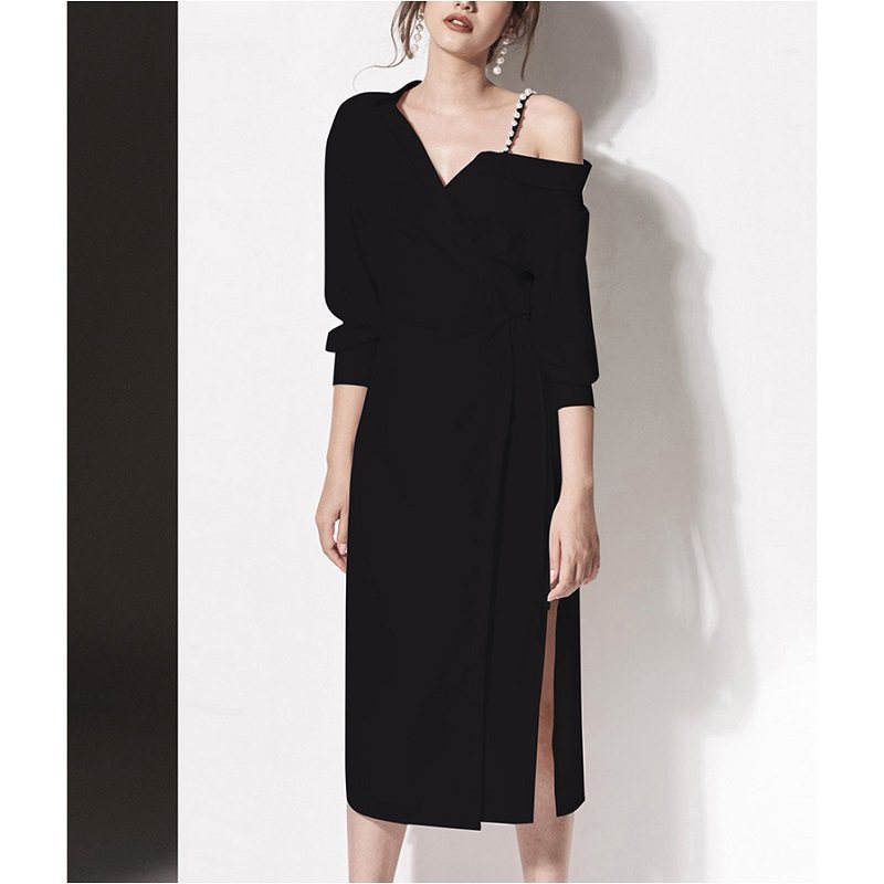 性感V领露肩背白色礼服女轻奢小众高端级气质名媛晚宴年会连衣裙