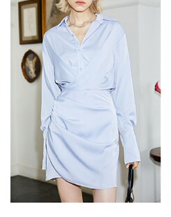 法式礼服轻奢小众高端级名媛气质收腰包臀显瘦衬衫缎面褶皱连衣裙