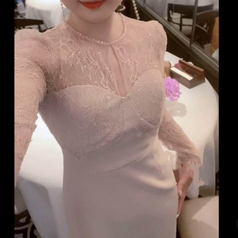 欧美性感蕾丝拼接网纱礼服轻奢高端小众级气质名媛晚宴会连衣裙女