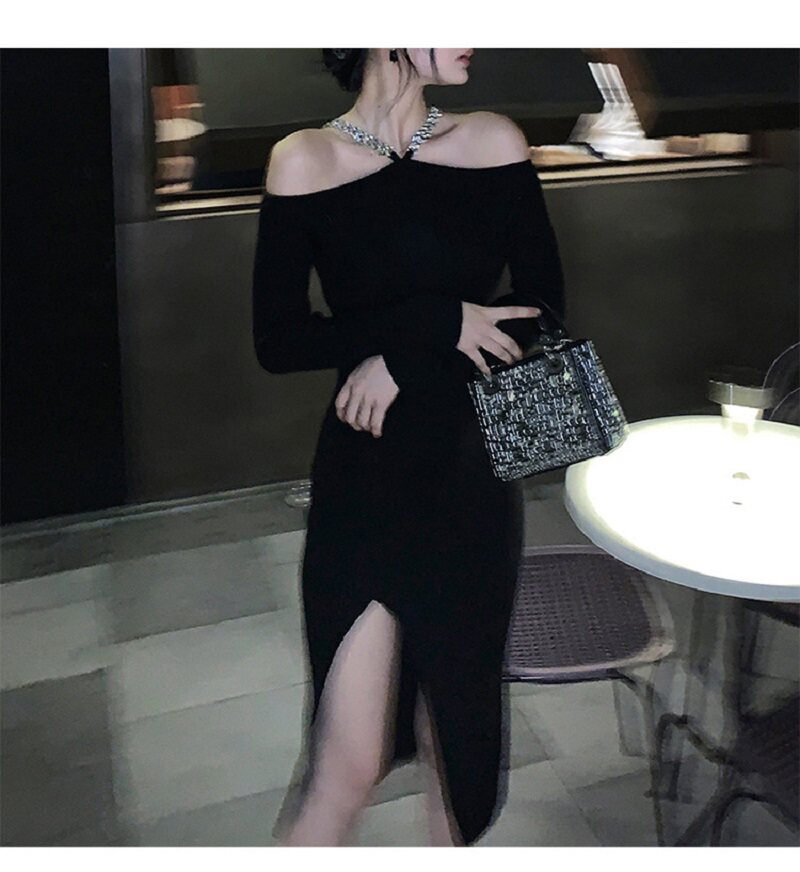 欧美性感挂脖一字肩礼服女轻奢小众高端级气质名媛收腰显瘦连衣裙