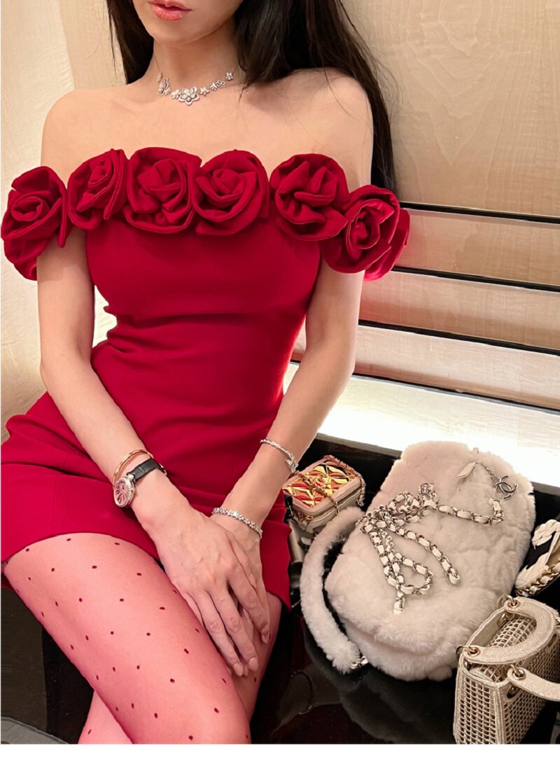 欧美性感抹胸玫瑰礼服轻奢小众高端级气质收腰显瘦包臀生日连衣裙