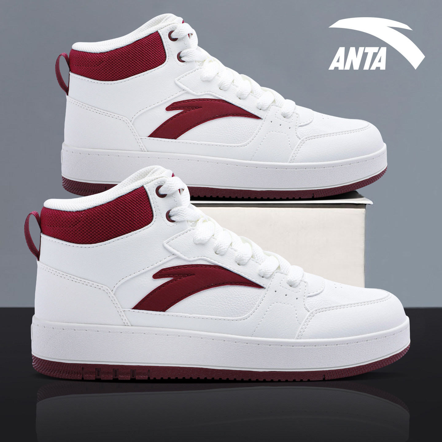 安踏高帮男鞋红色板鞋冬季2025新款青少年皮面男士潮流休闲鞋子男