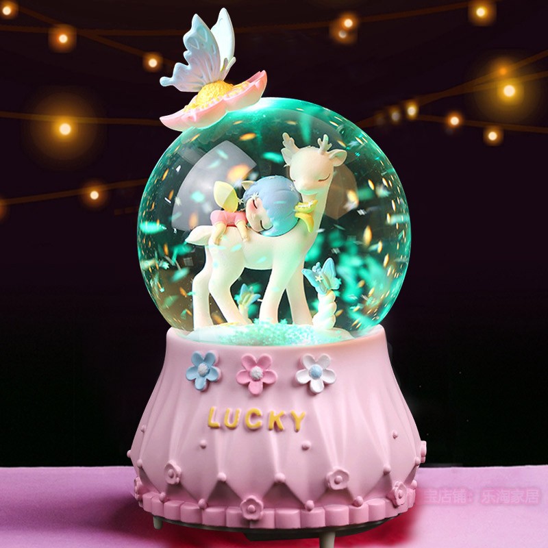 水晶球音乐盒飘雪花梦幻小鹿女孩