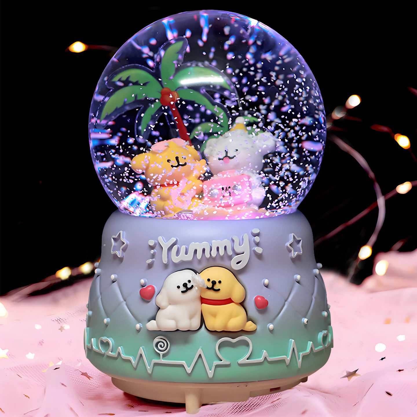线条小狗水晶球音乐盒飘雪独角兽图片