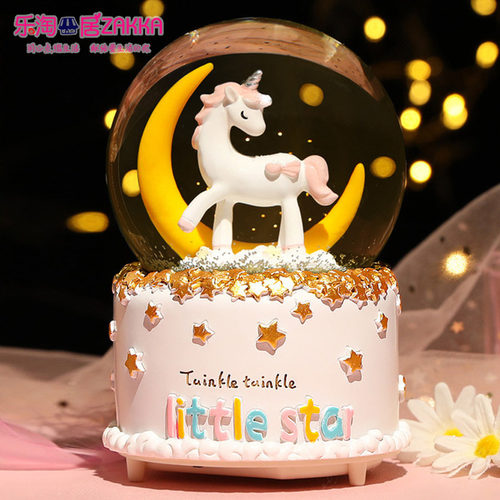 独角兽水晶球自动飘雪旋转音乐盒