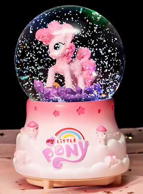儿童梦幻彩虹小马水晶球音乐盒八音盒旋转飘雪独角兽女孩生日礼物