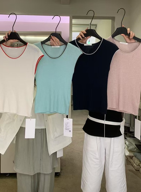 十三行ABRA2025春夏新款圆领撞色拼色修身显瘦针织短袖上衣女2036