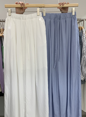 EVER2025夏新款松紧腰净色宽松百搭直筒裤休闲裤阔腿裤长裤38256