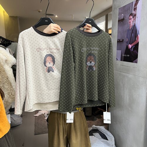 HXL66765秋冬2026新款韩系宽松百搭圆领卡通印花波点磨毛t恤长袖