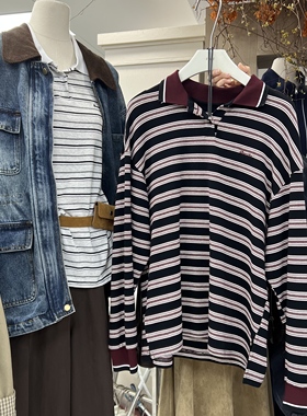 十三行FST2025秋季新款休闲风宽松百搭POLO衫百搭条纹上衣女7858