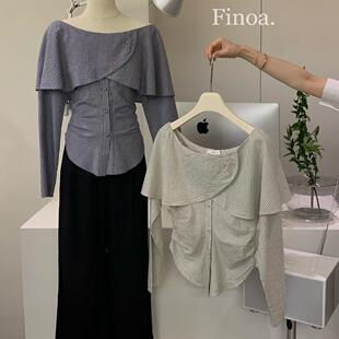 FINOA2025春小众荷叶边一字肩衬衫女收腰显瘦单排扣条纹上衣12291