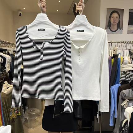 13C十三行2025秋冬新款韩版修身显瘦开口领条纹T恤打底衫上衣3316
