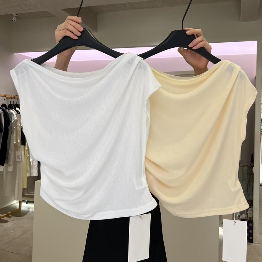 ABRA2025夏季温柔小众设计感收腰压褶一字领斜肩T恤短袖上衣1578
