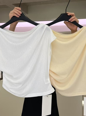 ABRA2025夏季温柔小众设计感收腰压褶一字领斜肩T恤短袖上衣1578