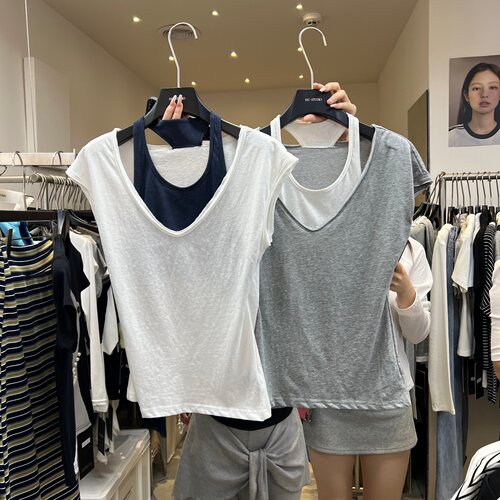 13C0169韩代假两件设计感棉T恤显瘦百搭上衣