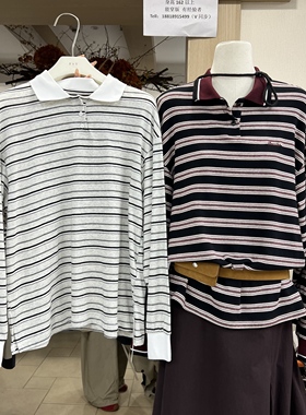 FST2025秋新款韩版宽松百搭POLO衫条纹T恤女长袖翻领休闲上衣7858