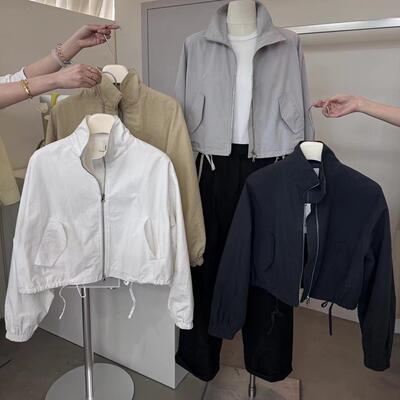 olive2025春新款立领宽松拉链式抽绳工装外套小个子短款风衣2503