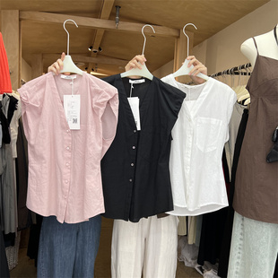 HELLO2024夏季纯色V领单排扣无袖天丝亚麻衬衫女百搭显瘦上衣6639