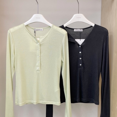 JASMINE2025秋季新款简约百搭纯色圆领系扣天丝羊毛T恤打底衫3243