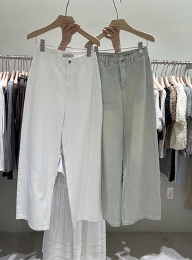 FEIDING2024春季新款高腰宽松百搭复古白色牛仔裤长裤阔腿裤2233