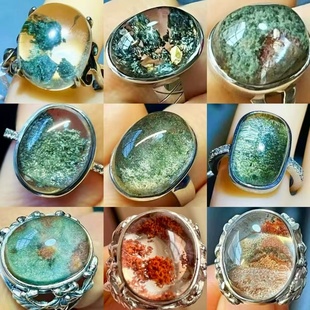 天然聚宝盆绿幽灵水晶戒指s925银镶嵌一物一图男女情侣款指环饰品