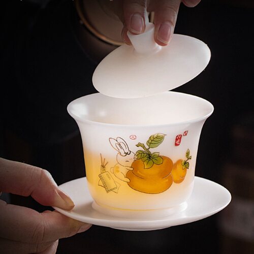 羊脂玉冰种描金白瓷盖碗功夫茶具