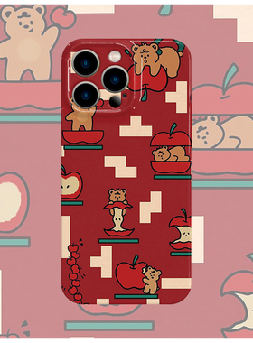 红底苹果小熊可爱菲林手机壳适用苹果16promaxiphoneOPPORENO10PROFINDX5PRO荣耀MAGIC4PROVIVOX200IQOONEO6