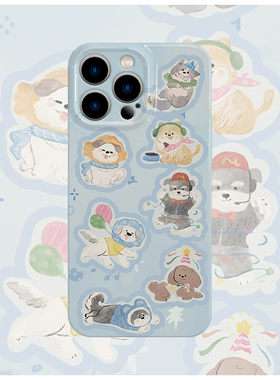 蓝底描边小狗菲林手机壳亮面适用苹果16promaxiphoneOPPORENO10PROFINDX5PRO荣耀MAGIC4PROVIVOX200IQOONEO6