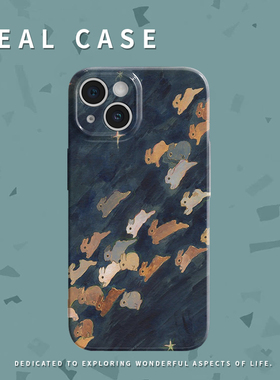 蓝色油画飞跃兔子菲林手机壳适用苹果16promaxiphoneOPPORENO10PROFINDX5PRO荣耀MAGIC4PROVIVOX200IQOONEO6