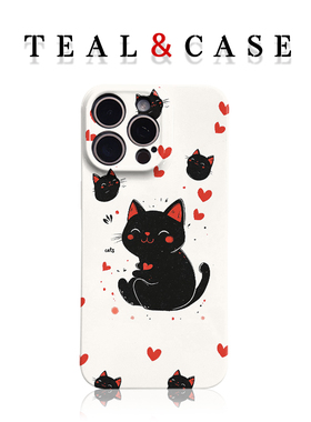 原创图案爱心黑猫可爱手机壳适用苹果16promaxiphoneOPPORENO10PROFINDX5PRO荣耀MAGIC4PROVIVOX200IQOONEO6