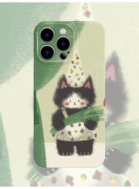 绿色猫咪插画菲林手机壳亮面适用苹果16promaxiphoneOPPORENO10PROFINDX5PRO荣耀MAGIC4PROVIVOX200IQOONEO6